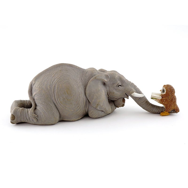 Top Collection Miniature Garden Elephant Reading Book with Owl, Gray - Image 1